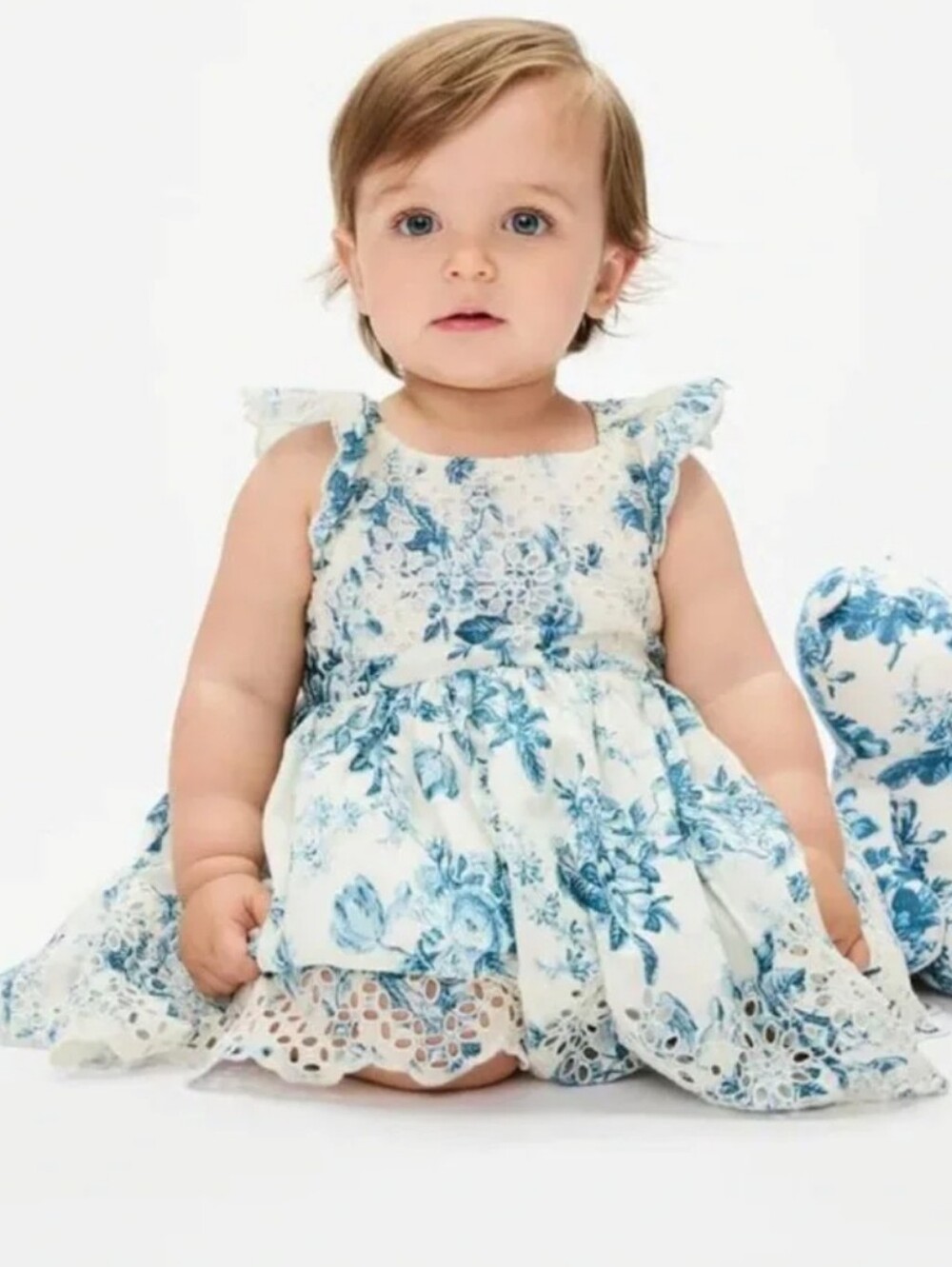 Gap × LoveShackFancy Baby Floral Eyelet Dress in White and Blue Floral Print